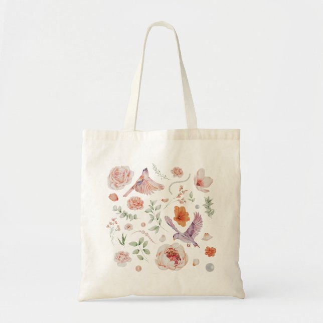Pretty Watercolor Floral Hummingbird Pattern Tote Bag (Front)