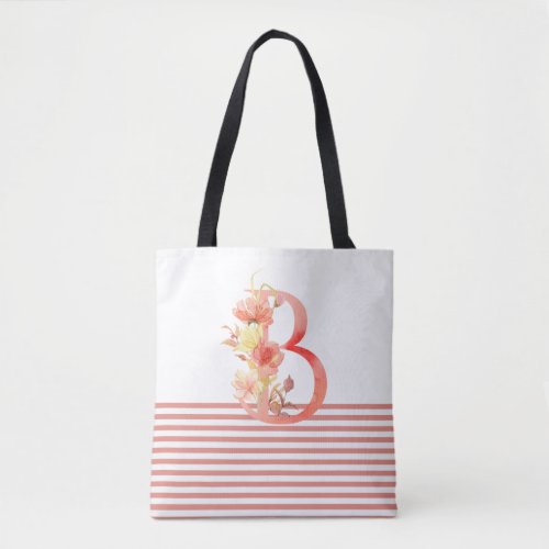 Pretty Watercolor Floral Letter B Pink Stripe Tote Bag