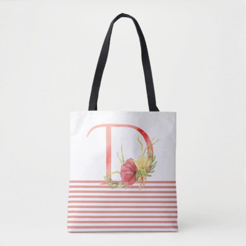 Pretty Watercolor Floral Letter D Pink Stripe Tote Bag