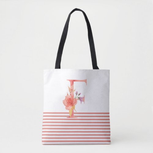 Pretty Watercolor Floral Letter F Pink Stripe Tote Bag