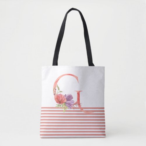 Pretty Watercolor Floral Letter G Pink Stripe Tote Bag