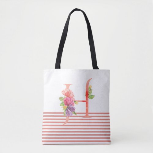 Pretty Watercolor Floral Letter H Pink Stripe Tote Bag
