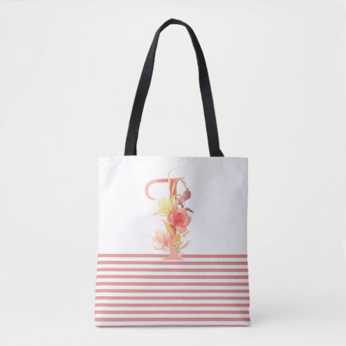 Pretty Watercolor Floral Letter I Pink Stripe Tote Bag