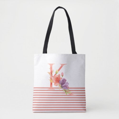 Pretty Watercolor Floral Letter K Pink Stripe Tote Bag