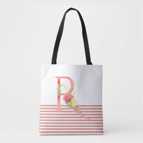 Pretty Watercolor Floral Letter R Pink Stripe Tote Bag