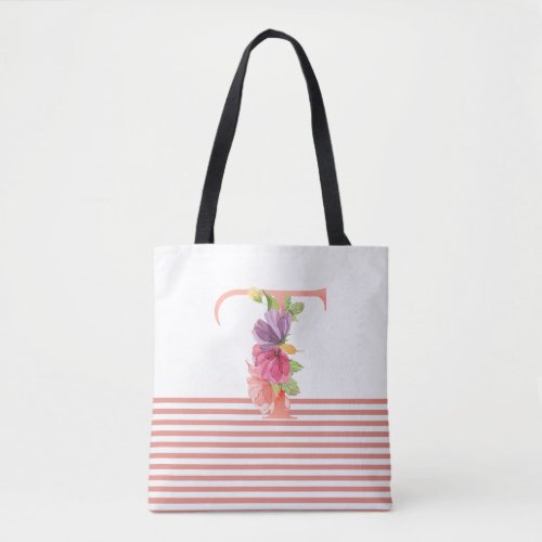 Pretty Watercolor Floral Letter T Pink Stripe Tote Bag