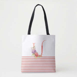Pretty Watercolor Floral Letter "U" Pink Stripe Tote Bag