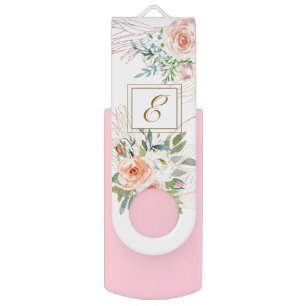 Pretty Watercolor Floral Monogram Flash Drive