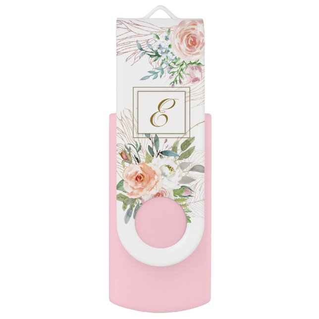 Pretty Watercolor Floral Monogram Flash Drive (Front Vertical)