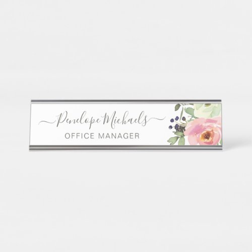 Pretty Watercolor Floral Name and Title Desk Name Plate