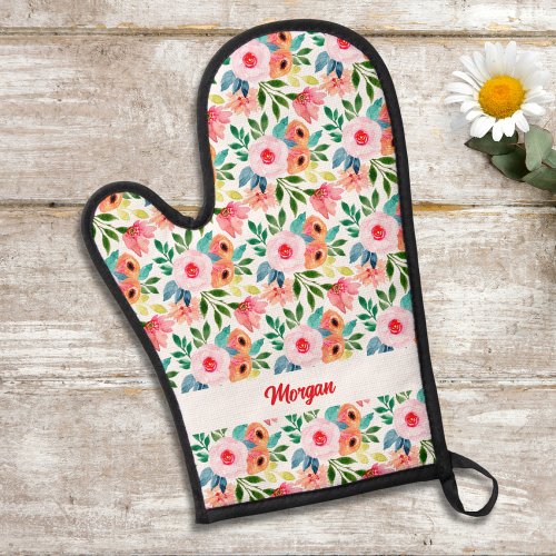 Pretty Watercolor Floral Pattern Custom Text Name Oven Mitt