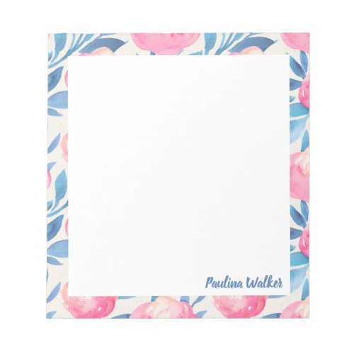 Pretty Watercolor Floral Pattern Pink Blue Name Notepad