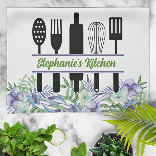 Pretty Watercolor Floral Personalized Kitchen Towel