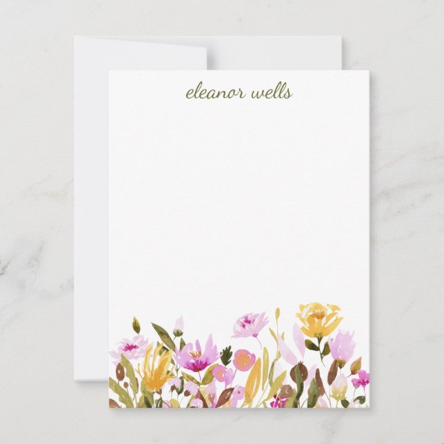 Pretty Watercolor Floral Personalized Stationery Note Card (Front)