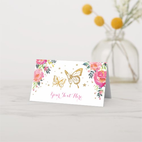 Pretty Watercolor Floral Pink Gold Butterfly Place Card