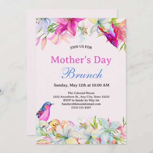 Pretty Watercolor Floral Pink Mothers Day Brunch Invitation