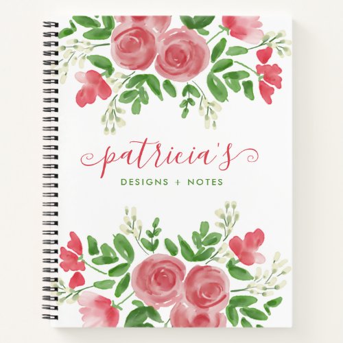 Pretty Watercolor Floral Pink Roses Script Name Notebook