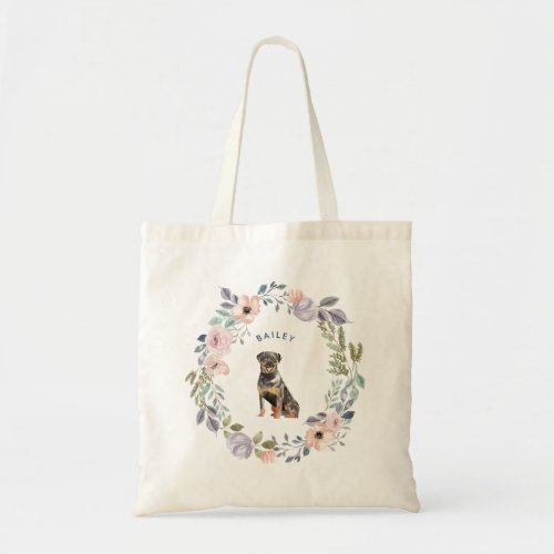 Pretty Watercolor Floral  Rottweiler Dog Tote Bag