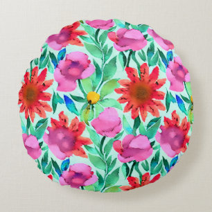 Pretty Watercolor Floral Round Pillow