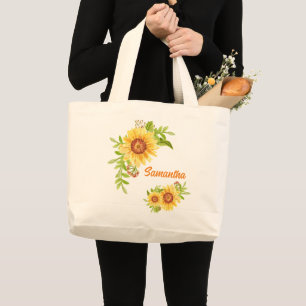 Pretty Watercolor Floral Sunflower Large Tote Bag