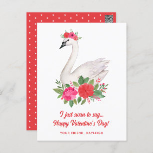 Pretty Watercolor Floral Swan Classroom Valentine Holiday Postcard