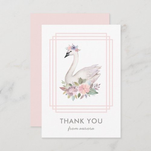 Pretty Watercolor Floral Swan Princess Birthday Thank You Card