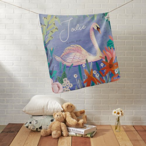 Pretty Watercolor Floral Swan Princess Name Baby Blanket