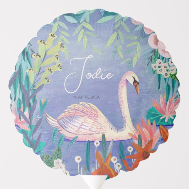 Pretty Watercolor Floral Swan Princess Name Balloon (Front)