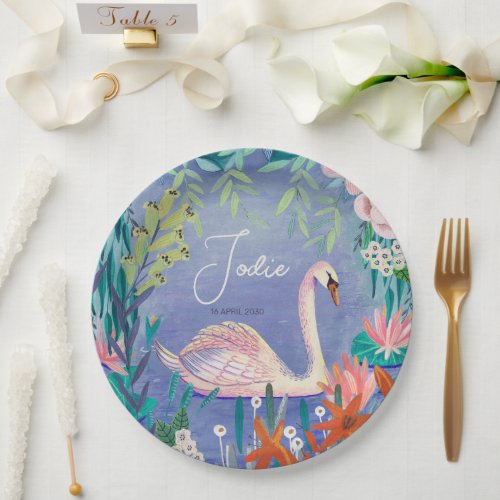 Pretty Watercolor Floral Swan Princess Name Paper Plates
