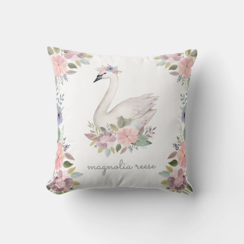 Pretty Watercolor Floral Swan Princess Name Throw Pillow