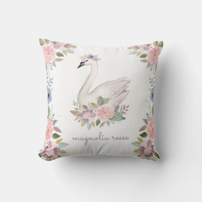 Pretty Watercolor Floral Swan Princess Name Throw Pillow (Front)