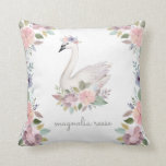 Pretty Watercolor Floral Swan Princess Name Throw Pillow<br><div class="desc">This beautiful,  elegant throw pillow features a watercolor painted swan princess,  wearing a floral crown,  along with other floral elements. A text template is included for easy personalization. The back of the pillow contains a coordinating floral pattern over a light blush pink background.</div>