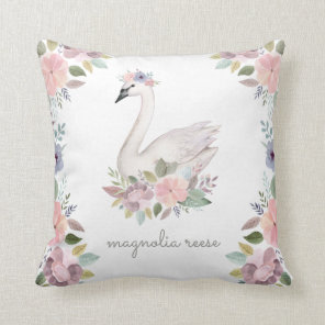Pretty Watercolor Floral Swan Princess Name Throw Pillow