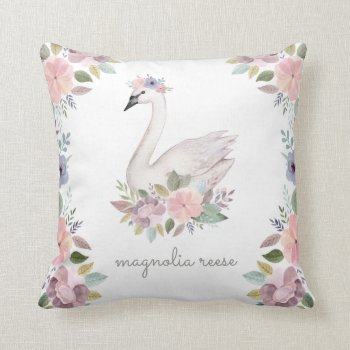 Pretty Watercolor Floral Swan Princess Name Throw Pillow by Orabella at Zazzle