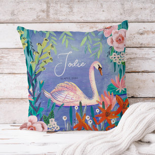 Pretty Watercolor Floral Swan Princess Name Throw Pillow