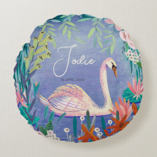 Pretty Watercolor Floral Swan Princess Name Throw  Round Pillow