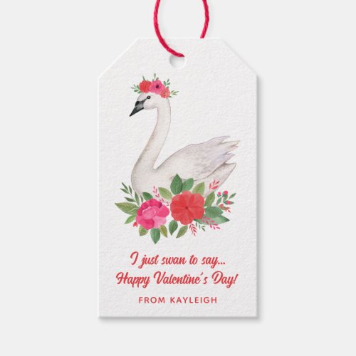 Pretty Watercolor Floral Swan Valentines Day Gift Tags