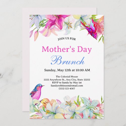 Pretty Watercolor Floral White Mothers Day Brunch Invitation