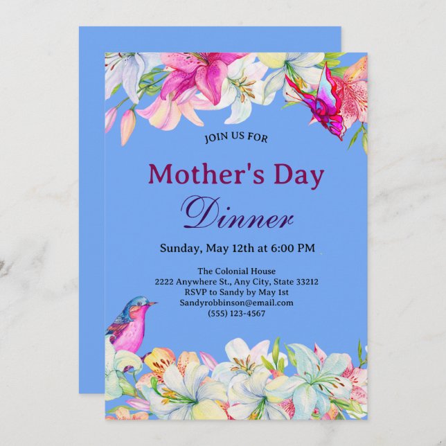Pretty Watercolor Floral White Mother's Day Dinner Invitation (Front/Back)