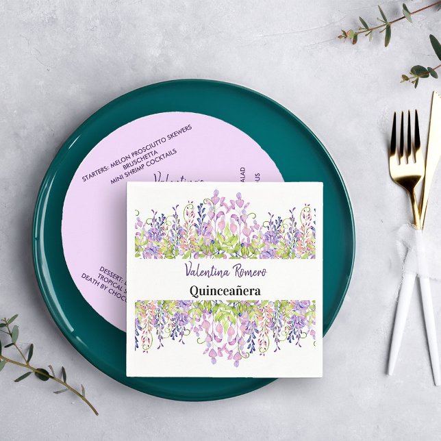 Pretty Watercolor Floral Wisteria Flowers Party Napkins (Cocktail Napkins from my Purple Wisteria Quinceanera Collection)