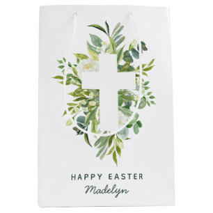 Pretty Watercolor Florals and Cross Easter Name Medium Gift Bag