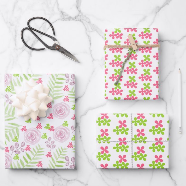 Pretty Watercolor Florals Wrapping Paper Set of 3 (Front)