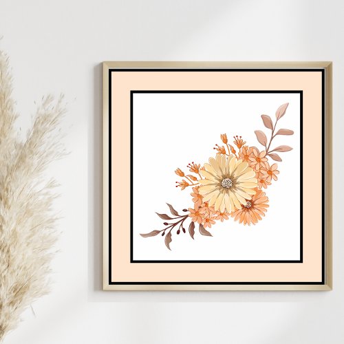 Pretty Watercolor Flower Black Lines Orange Border Poster