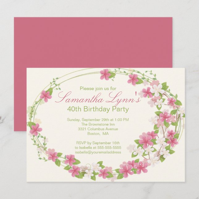 Pretty Watercolor Flower Wreath Birthday Party Invitation (Front/Back)