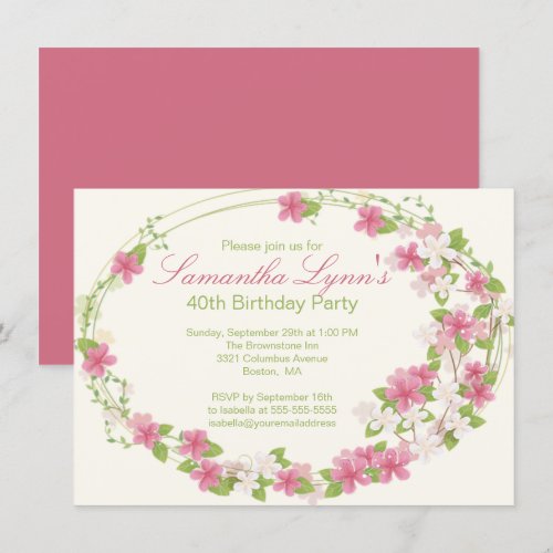 Pretty Watercolor Flower Wreath Birthday Party Invite