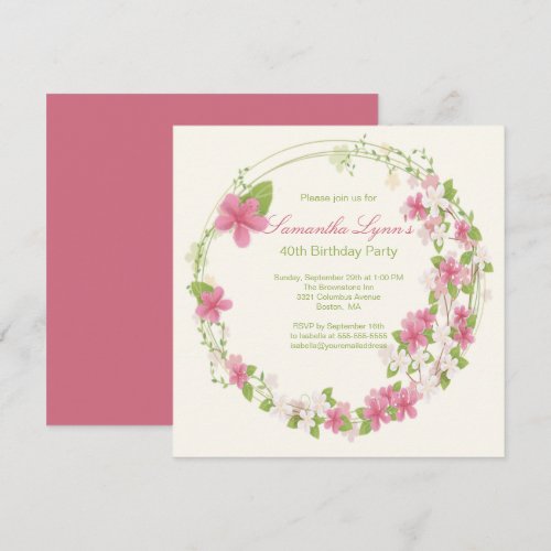 Pretty Watercolor Flower Wreath Birthday Party Custom Invite