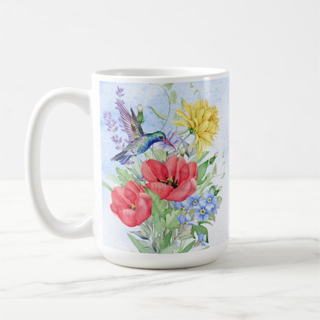 Pretty Watercolor Flowers and Hummingbirds Coffee Mug (Left)