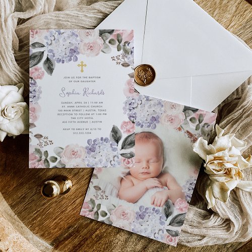 Pretty Watercolor Flowers and Photo  Baptism Invitation