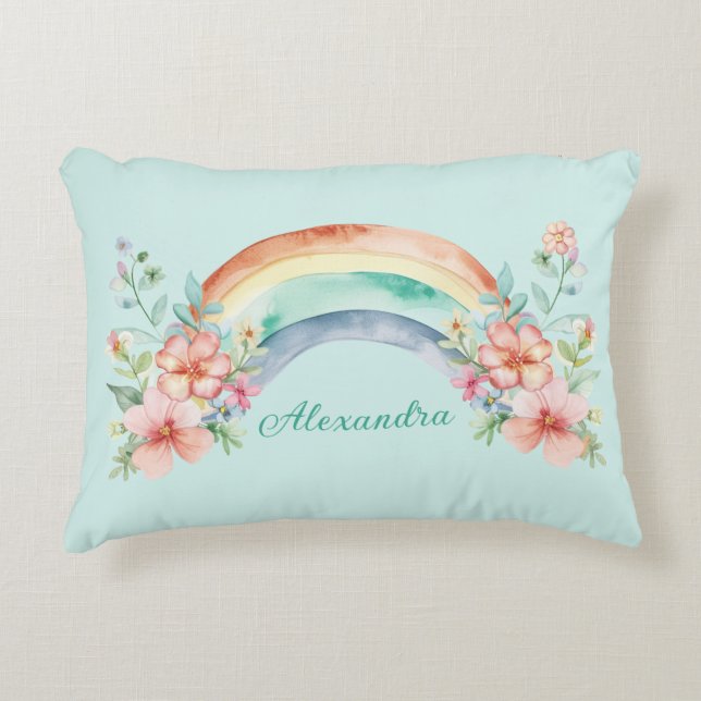 Pretty Watercolor Flowers and Rainbow Accent Pillow (Front)