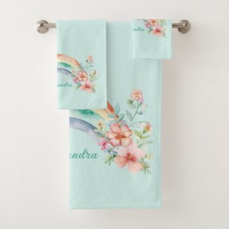 Pretty Watercolor Flowers and Rainbow